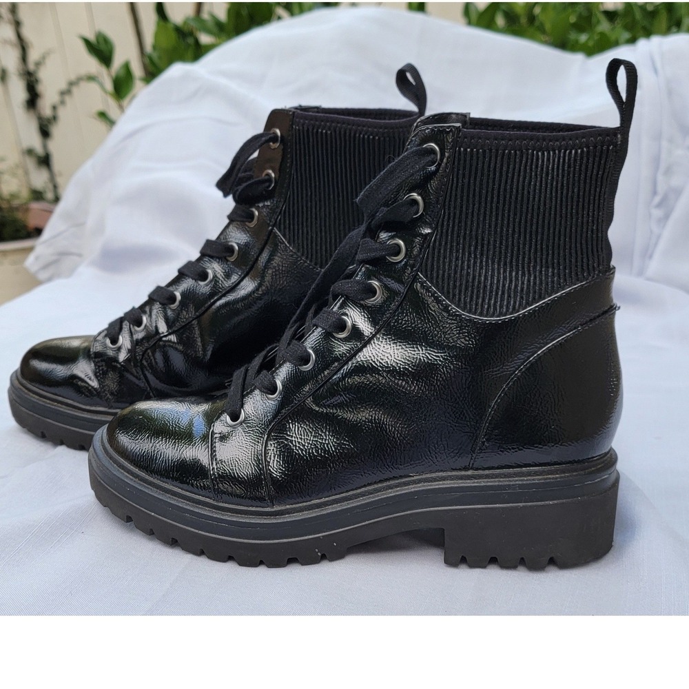 Kenneth Cole Rhode Light Lace Up Black Goth Patent Sock Grunge Combat Boots Sz 7